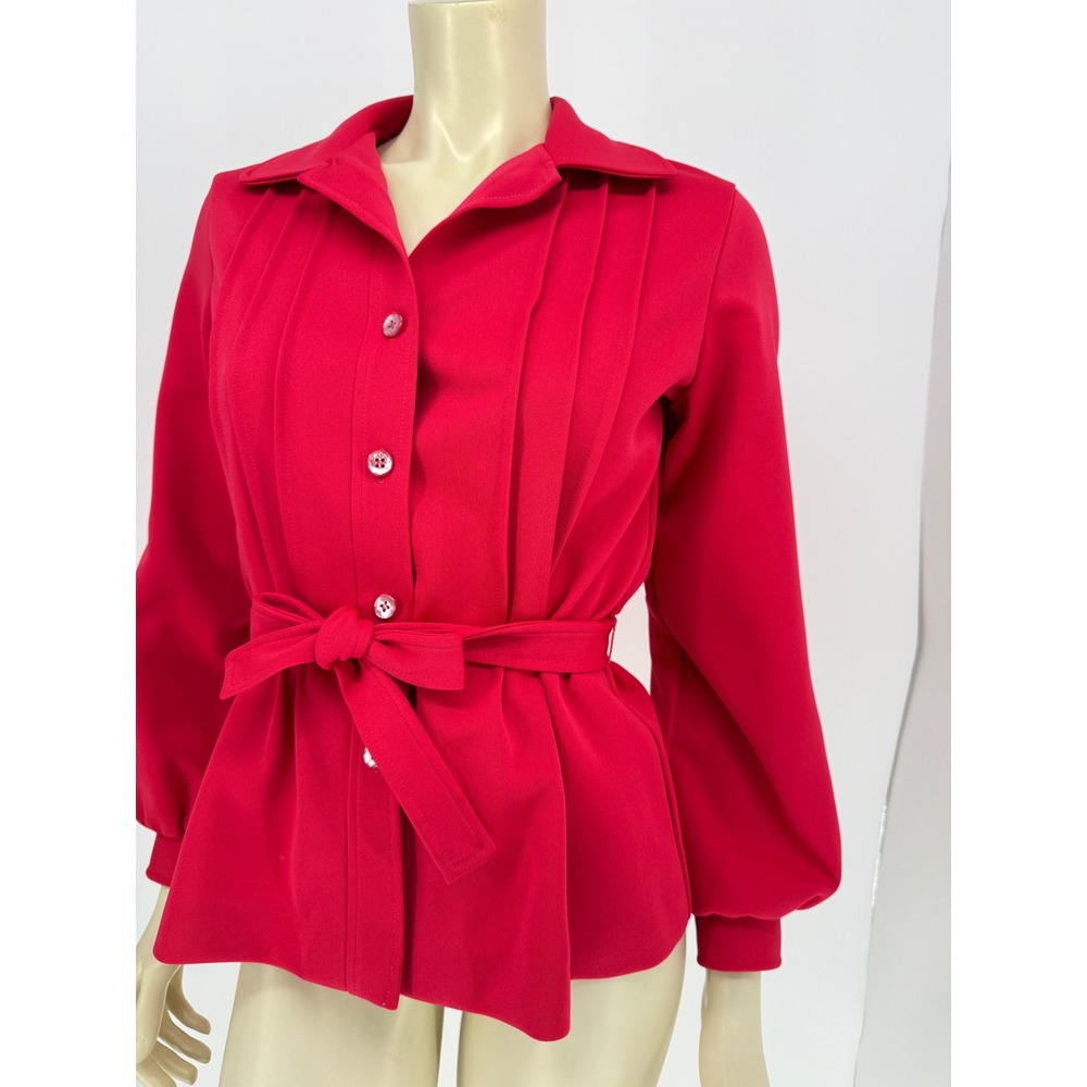 1970s Sears Fuchsia Pink Polyester Jacket Heavy Knit Pleated Belted Utility Coat
